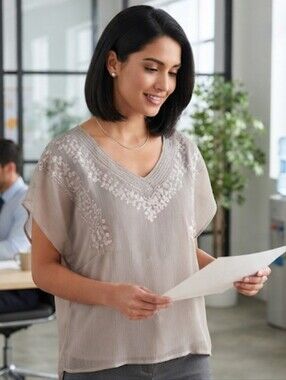 Ash & Sara Embroidered V-Neck Women's Top in Sheer Light Taupe